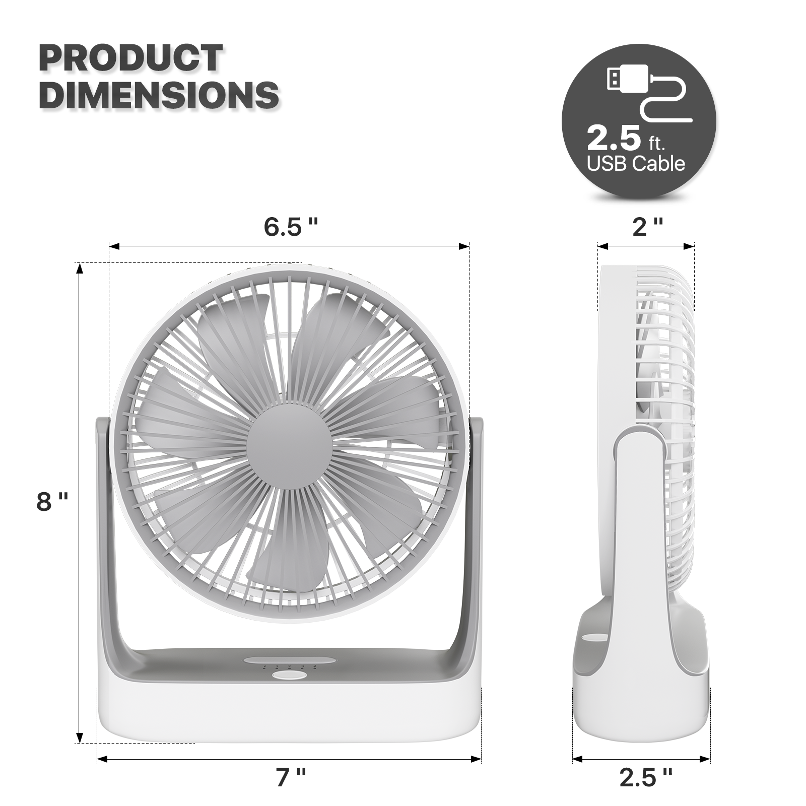 Portable Personal Desk Fan 4 Speed 180° Tilt USB Rechargeable Fan w/Hanging Hook