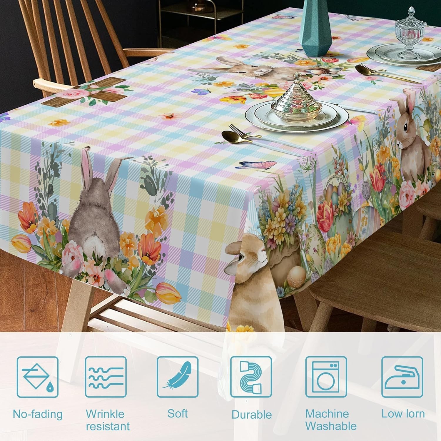 Easter Tablecloth, Easter Table Cloth Rectangle 60 X 84 with Bunny and Eggs, Buf
