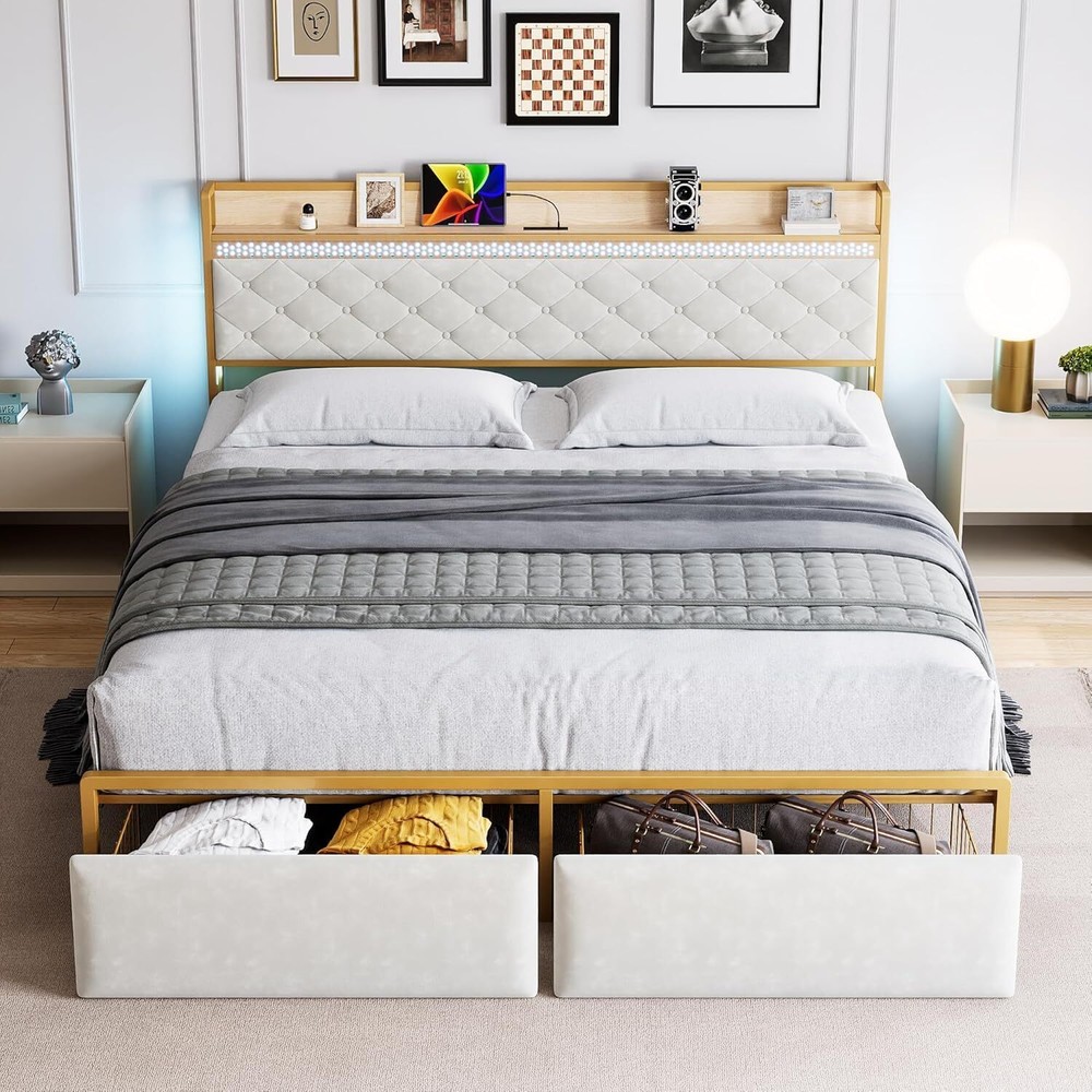 Bed Frame King/Queen/Full Size with Headboard Metal Platform Bed Frame & Drawers