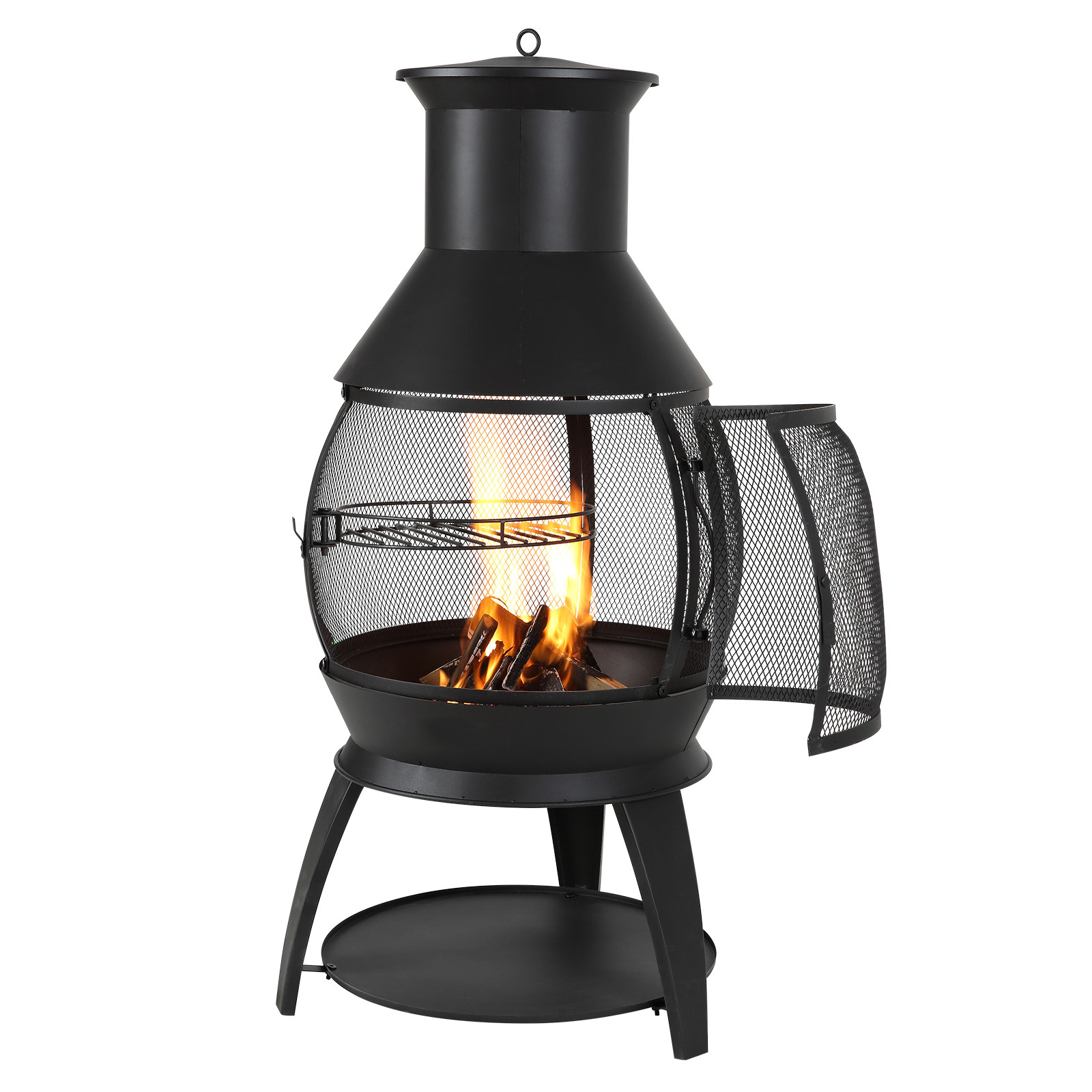 22 In Chiminea Outdoor Wood Burning Iron Firepit with Grill Mesh & Chimney Coat