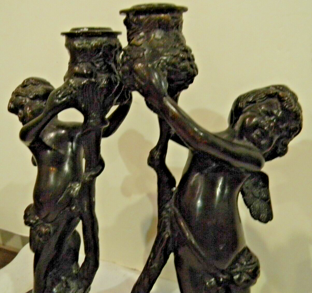 1900'S ANTIQUE BRONZE CHERUB CANDLE HOLDERS PAIR NICE