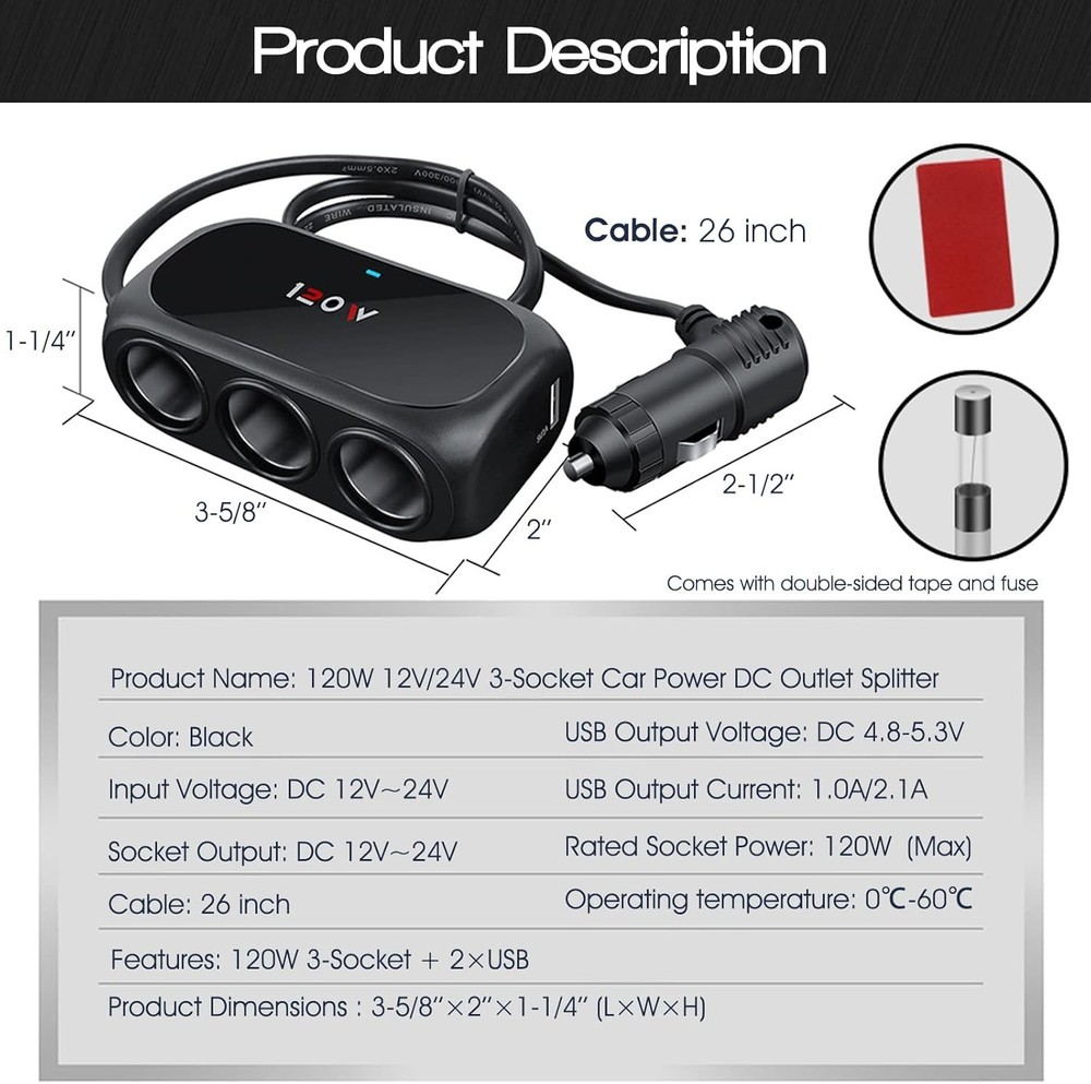3-Socket Car Cigarette Lighter Splitter Adapter, 2 USB Splitter Extender [120W]