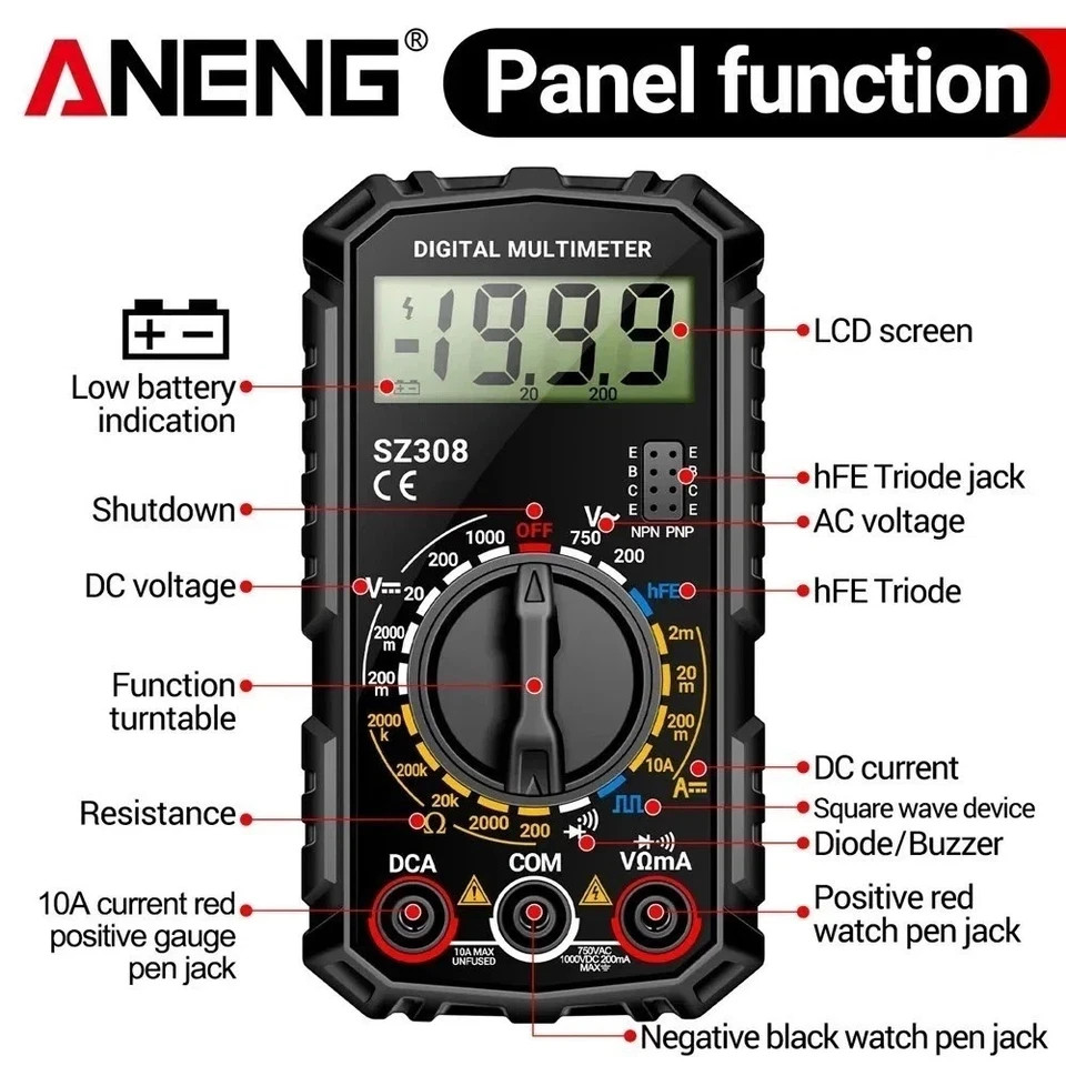 Digital Multimeter LCD Voltmeter Ammeter Ohmmeter Volt AC DC Tester Leads Meter