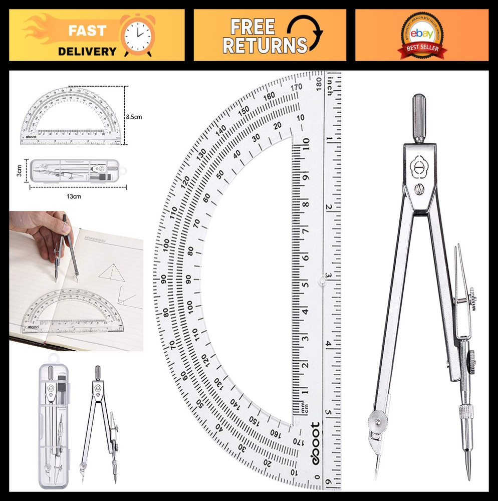 Geometry Math Set - Drawing Compass & 6 Inch Protractor for Students, Precision