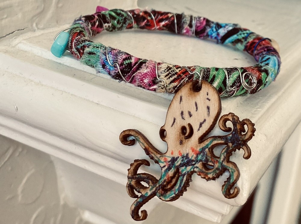 Octopus Bangle Fabric Wrapped Laser Painted  Wood Charm & Beads