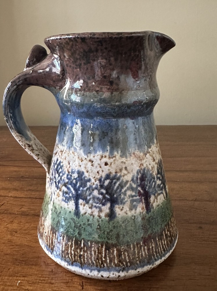 Glazed Ceramic Pitcher, Signed Sanders, 6” Tree Design