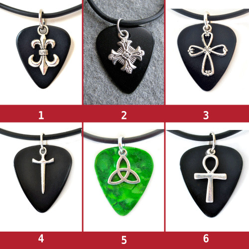 Cross & Dagger Fleur de lis Symbol Charm Guitar Pick Necklace -- Various Colors
