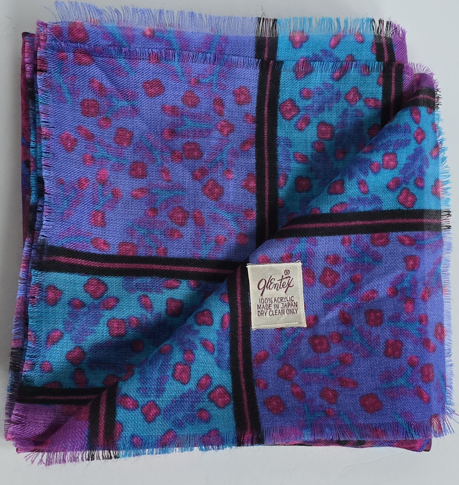 Vintage Glentex Japan Square Scarf Floral Stripes Blue Purple Pink 30x31 Inches