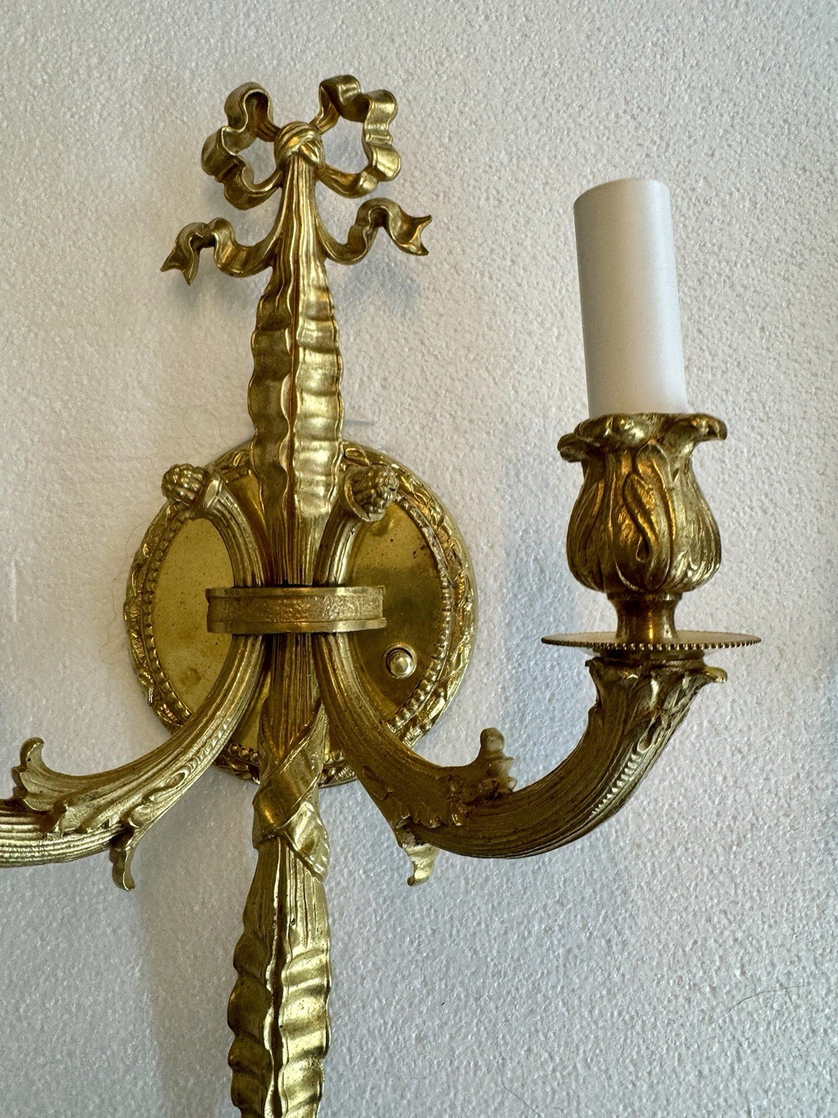 PAIR Antique French Gilt Brass Rope Bow Tassels Wall Sconce Candelabras A1