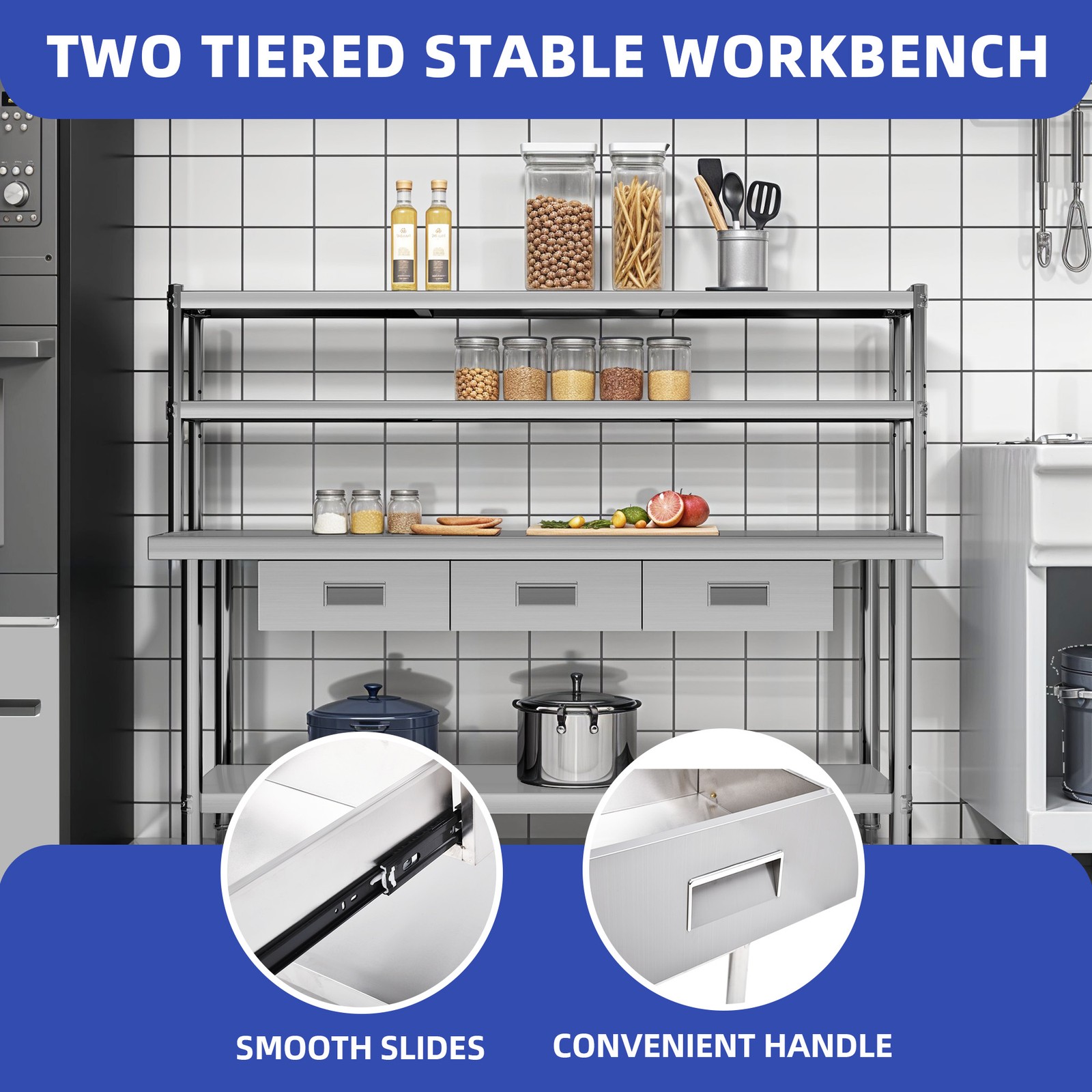 72" X 24" Worktable Stainless Steel Table with Overshelves with 72" X 12" Shelf