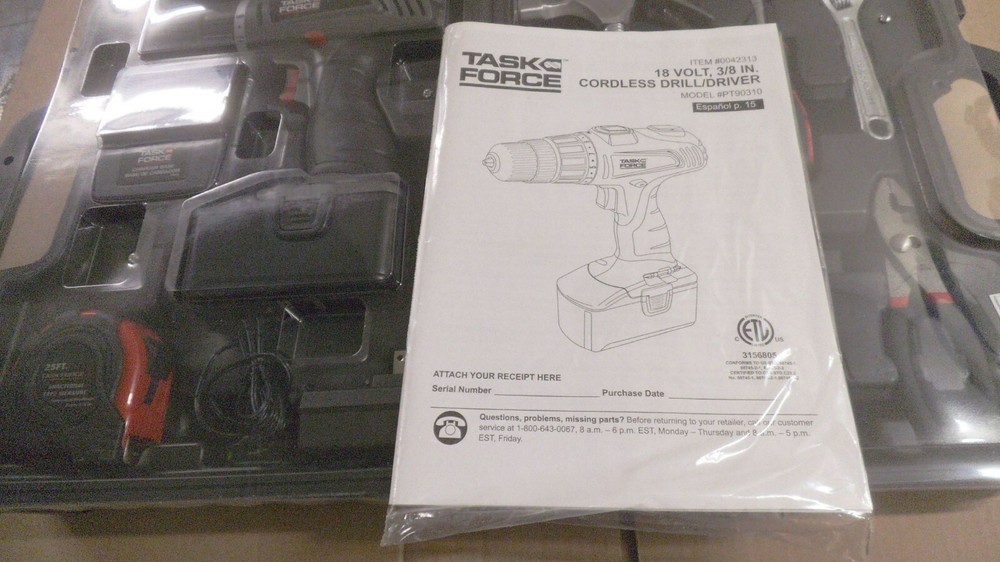 Task Force 18 volt drill, 3/8" chuck, with battery, hand tools, charger, case