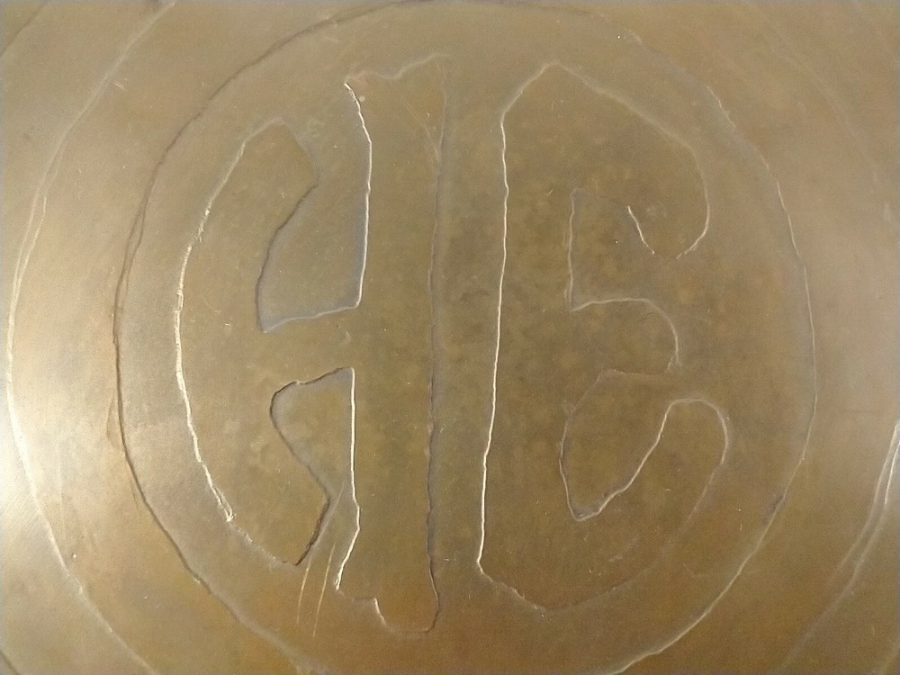 Vintage Solid Copper Dish Monogramed HE 9 3/4 in diameter 1/2 in high