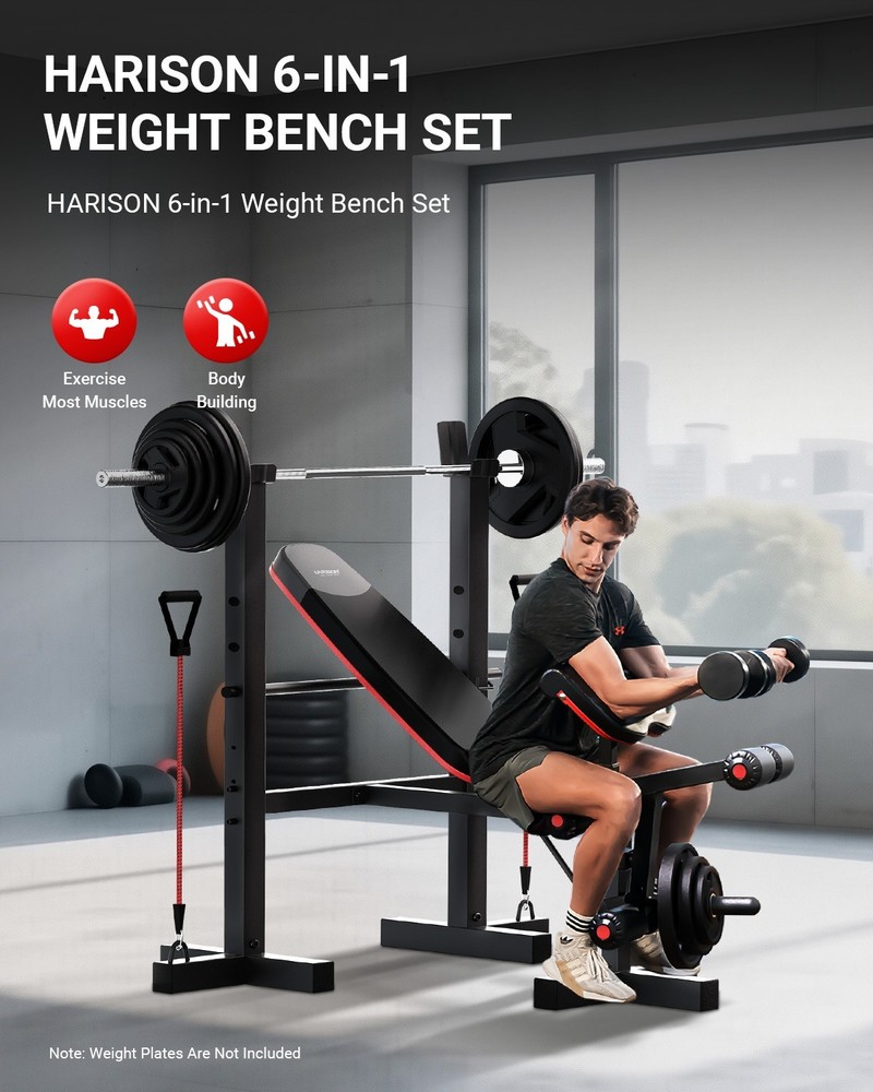 HARISON Adjustable Weight Bench with Squat Rack & Leg Developer, Home Gym System