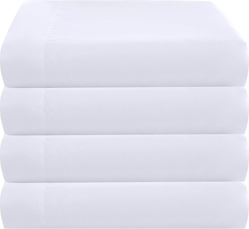 Queen Flat Sheet Only 4 Pack Durable White Top Bed Sheets Hypoallergenic Soft...