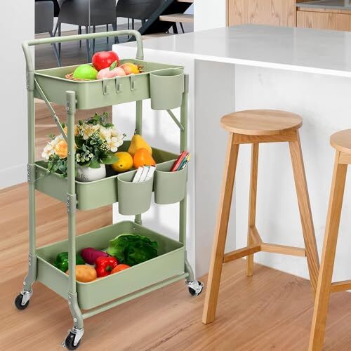 Foldable 3 Tier Metal Utility Rolling Cart Folding Mobile Multifunction Storage