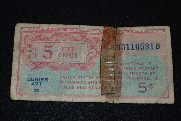 WW2 US Occupation Era Military Payment Certificate Series 471 Five 5 Cents Avg.