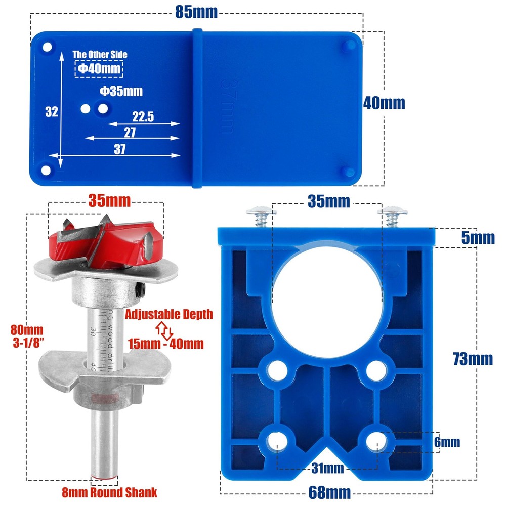 35Mm Concealed Hinge Jig Kit - Adjustable Depth Carbide Forstner Drill Bit Hinge