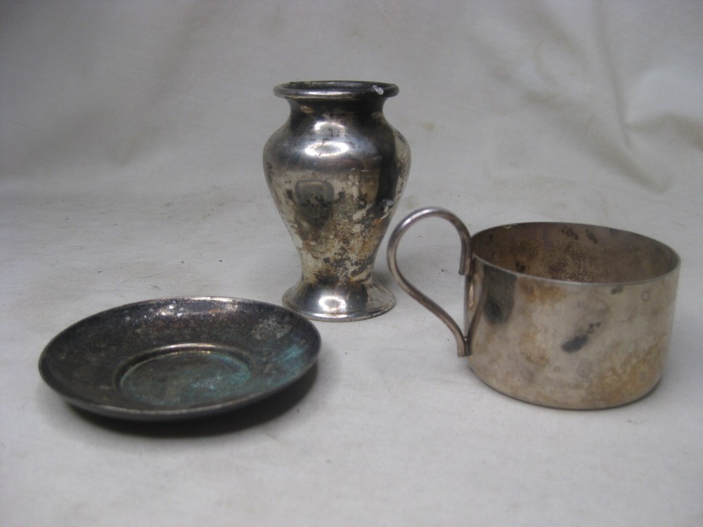 3 * as-is small silver-plated items *damaged mini vase dish handled 90 Brazil