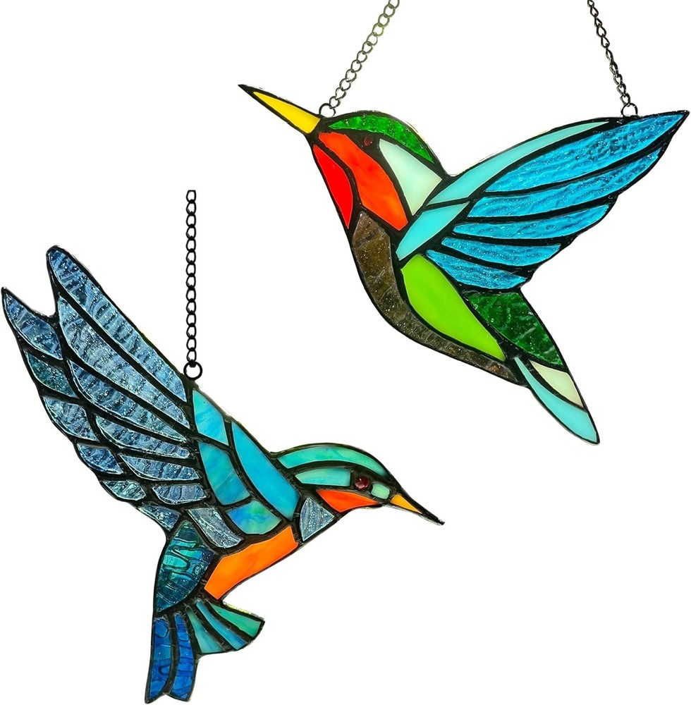 Two-Pack Handcrafted Stained Glass Hummingbird Window Decor