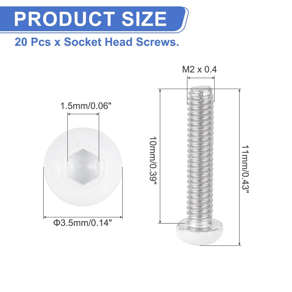 20 Pcs M2-0.4 x 10mm Button Head Socket Cap Screw Machine Screw, White