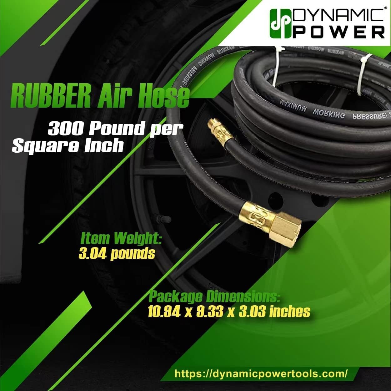 Heavy-Duty 3/8" x 25 ft Rubber Air Hose - 300 PSI