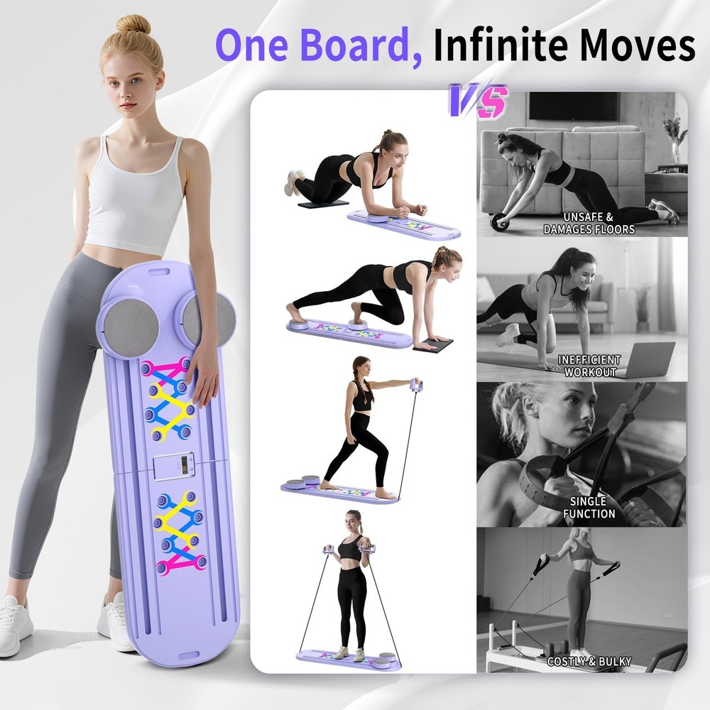 Pilates Board, Foldable Pilates Reformer Set for Home Workout with Timer, Mul...