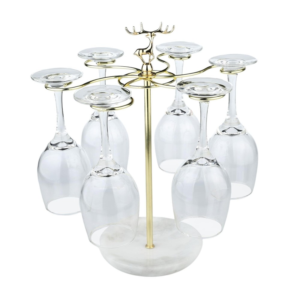Wine Glass Holder, 6 Hooks Marble Base Stemware Rack Freestanding Tabletop Gl...