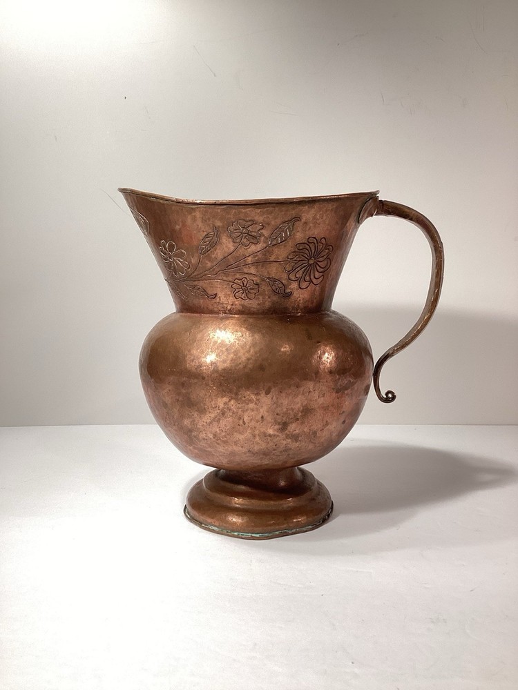 Vtg 1949 Artisan Hand Hammered Solid Copper Pitcher Folk Art “RECUEDO”