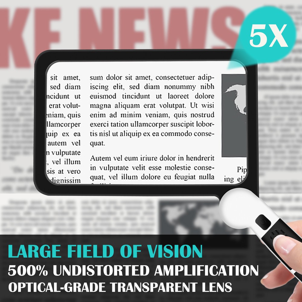 5X Magnifying Glass for Reading, Full-Page Large Rectangle Lighted Magnifier