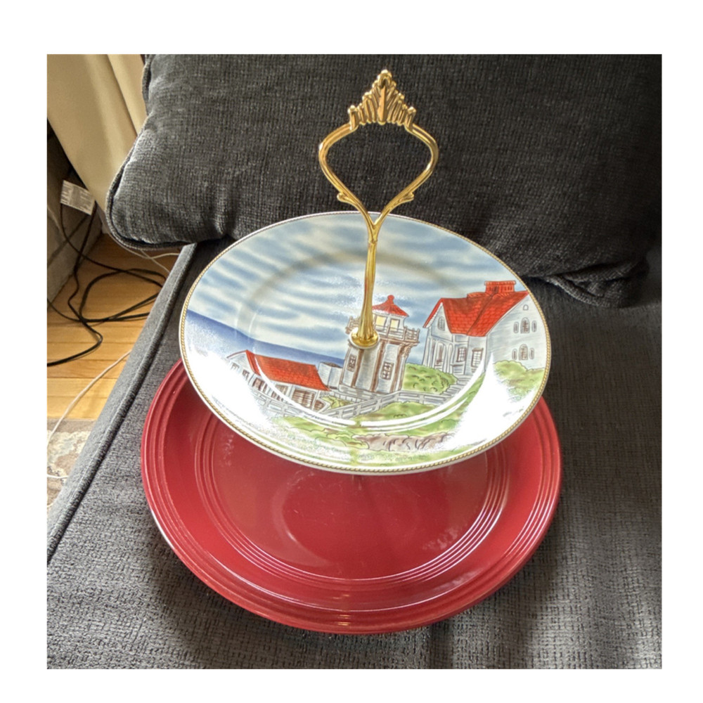 Two-Tier Ceramic Serving Tray Red Round Lighthouse Coastal Handle