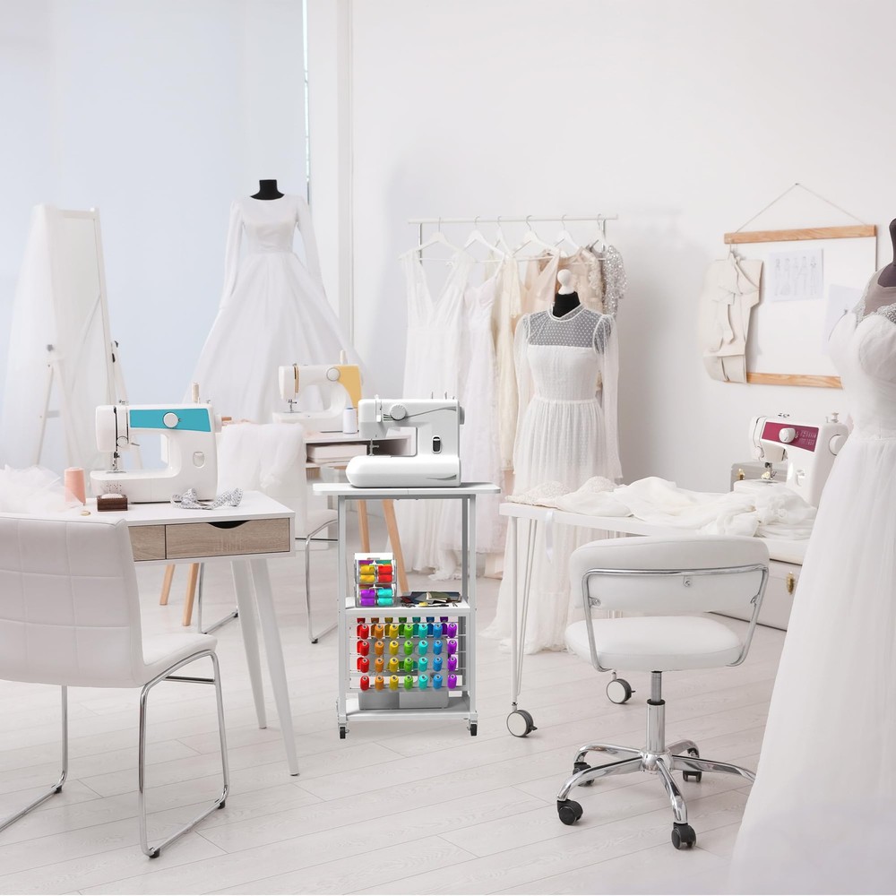 Rolling Craft Table with 56 Spools Thread Holder, 3 Storage Shelves, Portable...