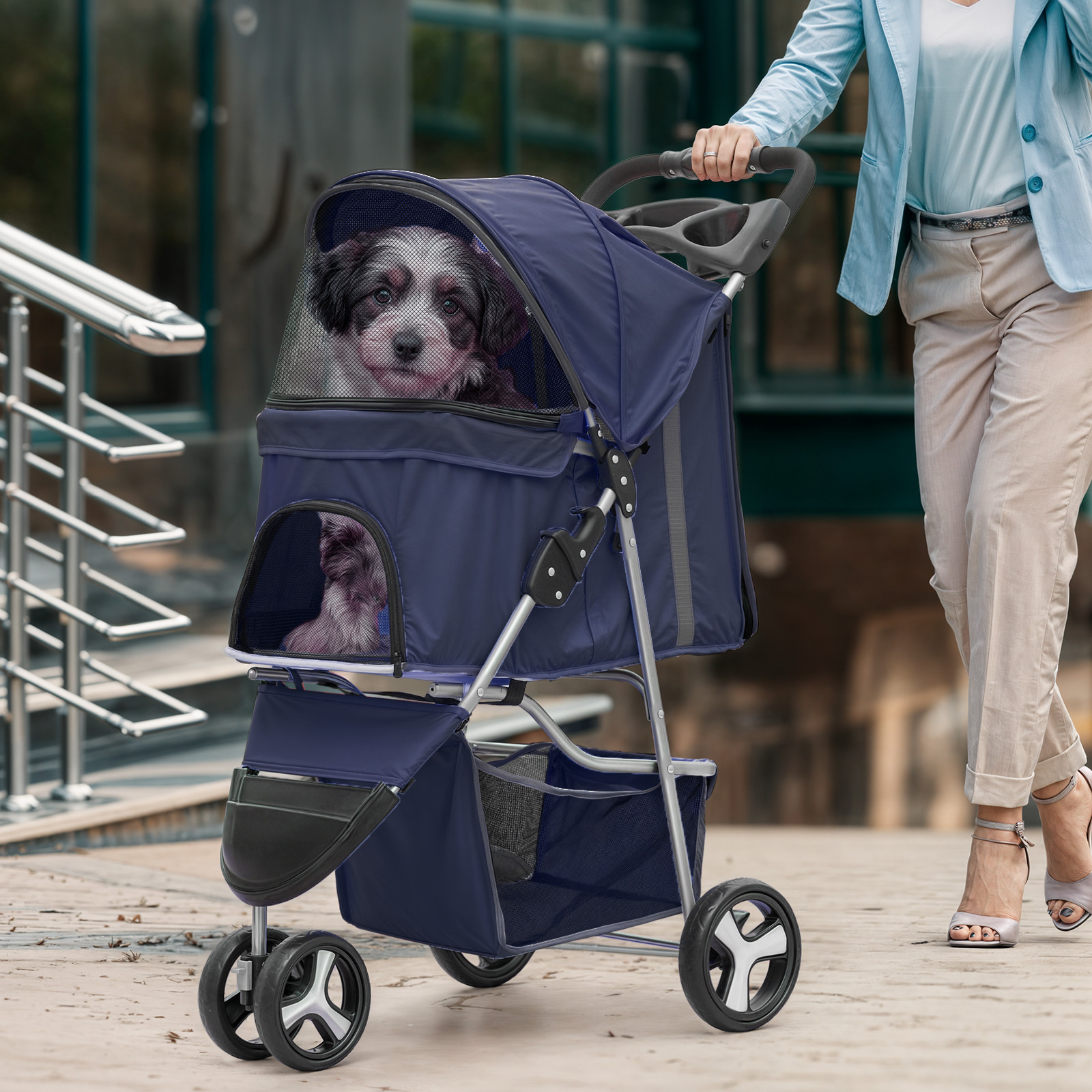 Blue Foldable Dog Stroller Small Medium Pet Travel Cage Carrier Cart w/Sunshade