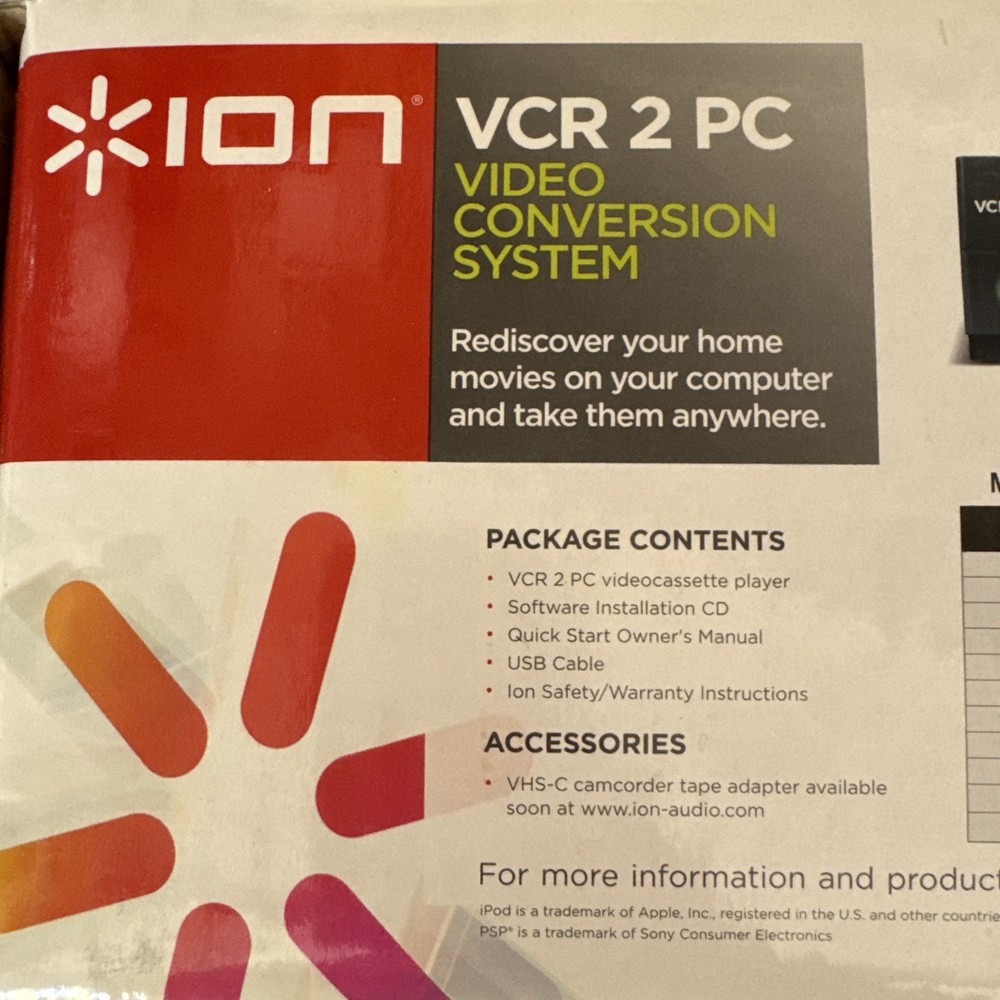ION VCR 2 PC VHS to Digital Video Conversion System USB Converter *PLAYER ONLY
