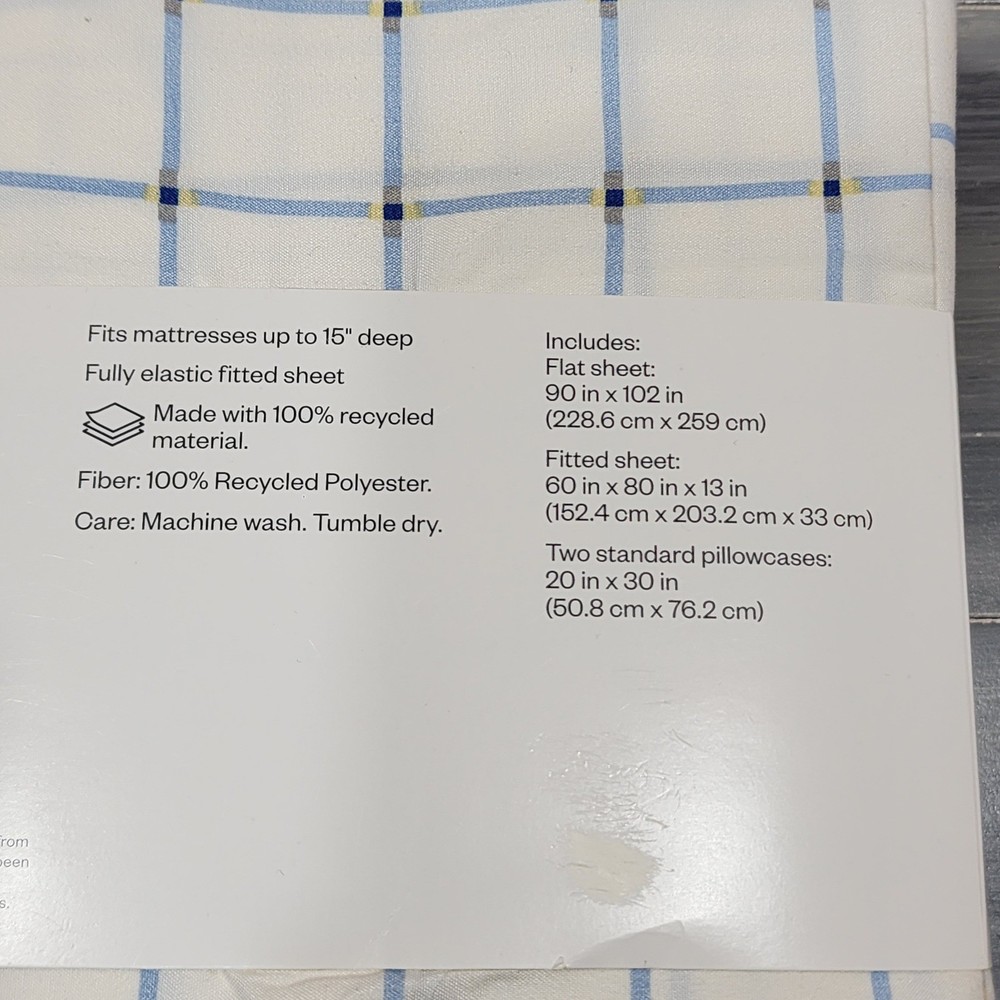 Room Essentials Queen Microfiber Sheet Set White Blue Yellow Windowpane Plaid