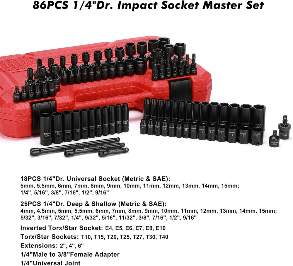 1/4 Inch Drive Master Impact Socket Set with Adapters, U-Joint, Extensions &...