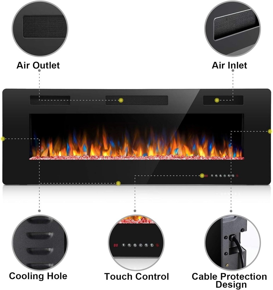 50 Inch Electric Fireplace Inserts, in-Wall Recessed & Wall Mounted,Remote&Timer