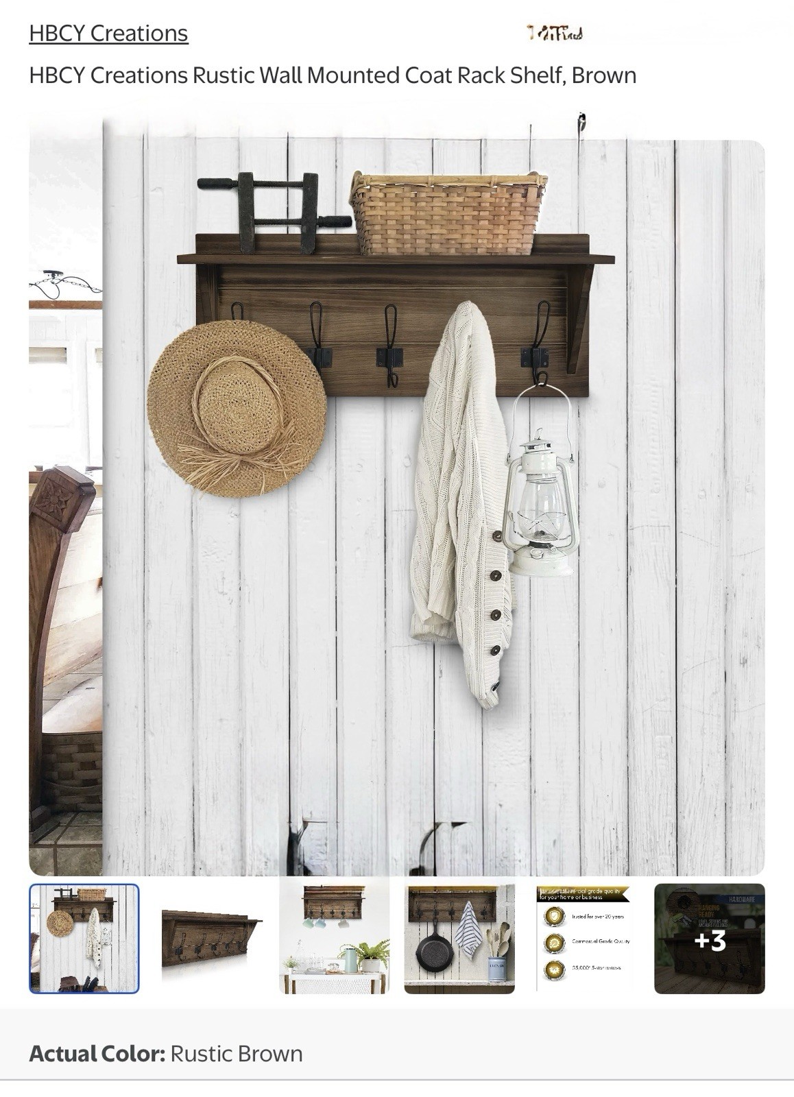 Rustic Brown Solid Wood Wall Mounted Coat Rack with Shelf, 5 H