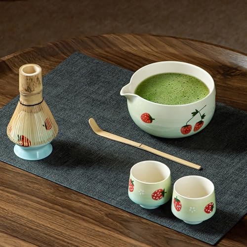 Matcha Whisk Set, Cute Mint Green And Blue Gradient With Strawberry Pattern