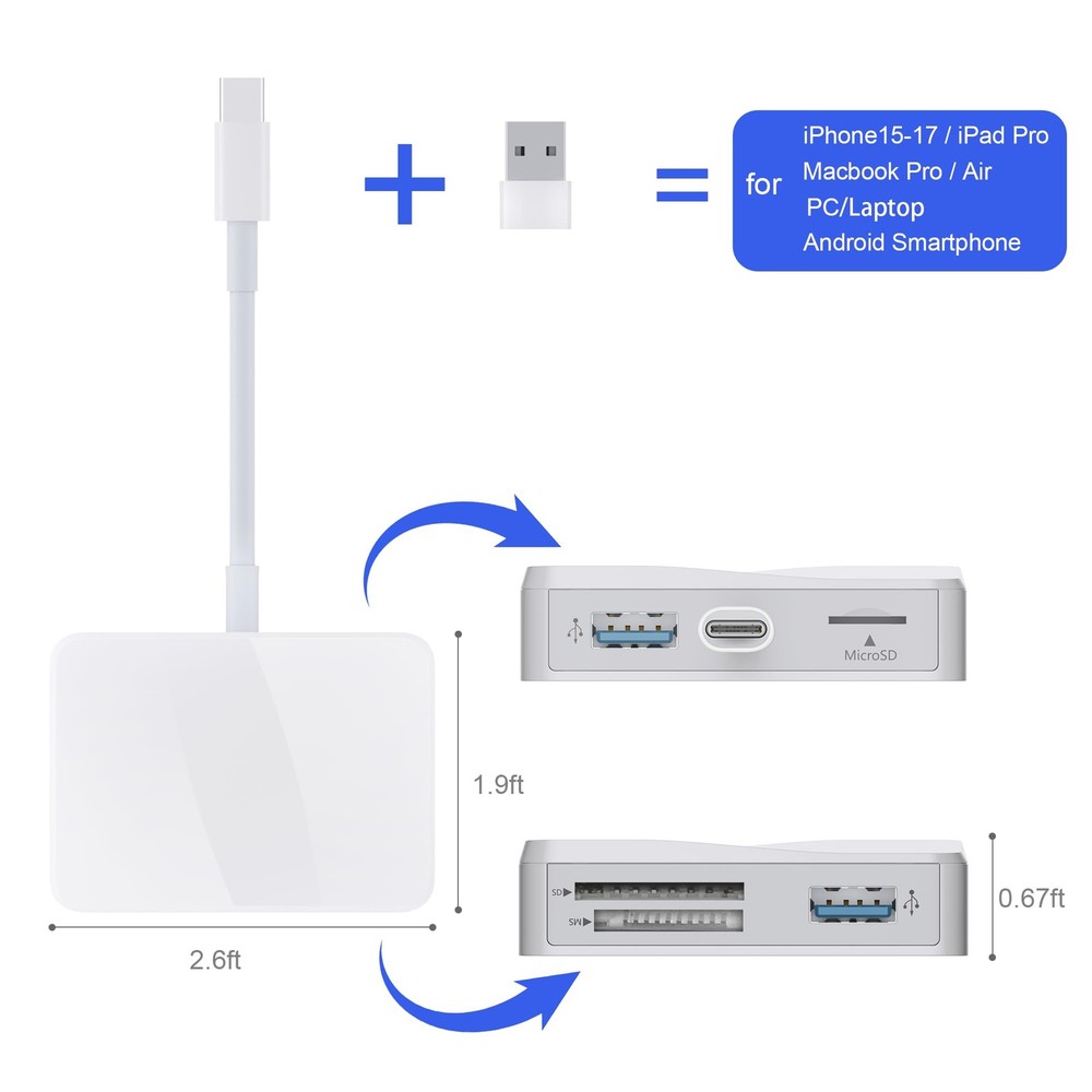 SD Card Reader, 5 in 1 USB-C & USB Adapter with SD/MicroSD/MS and White