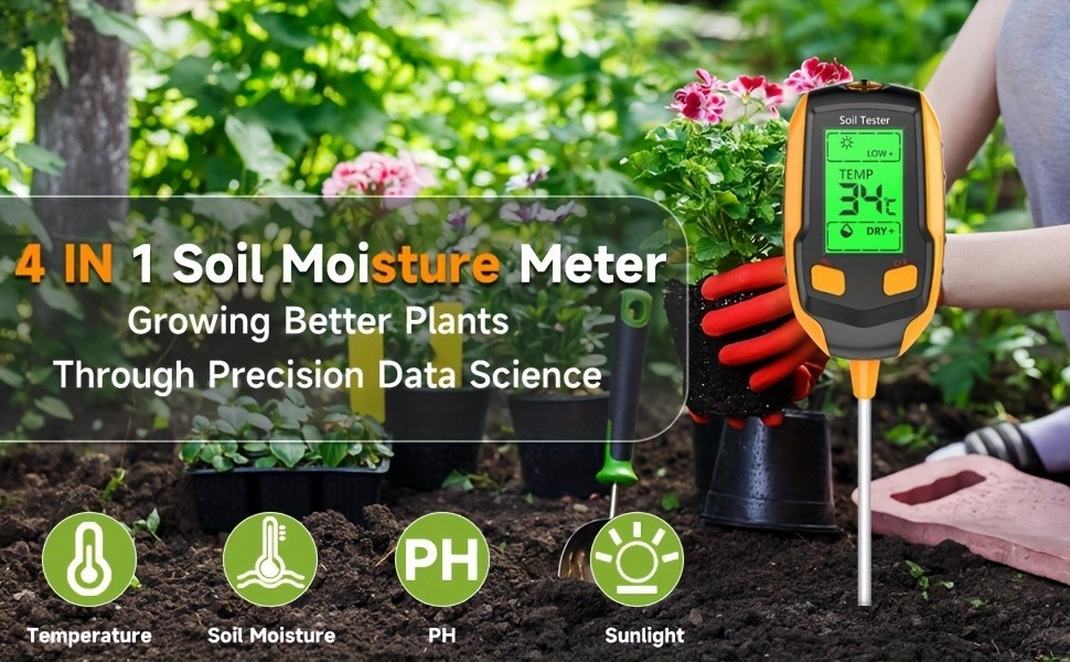 Digital PH Soil Tester Meter Moisture Temp Light LCD Display Garden Tool Pro