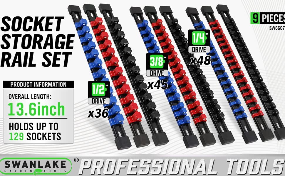 9PC ABS Socket Organizer 1/2 3/8 1/4 inch Drive Socket Rail Holders Wall Mount