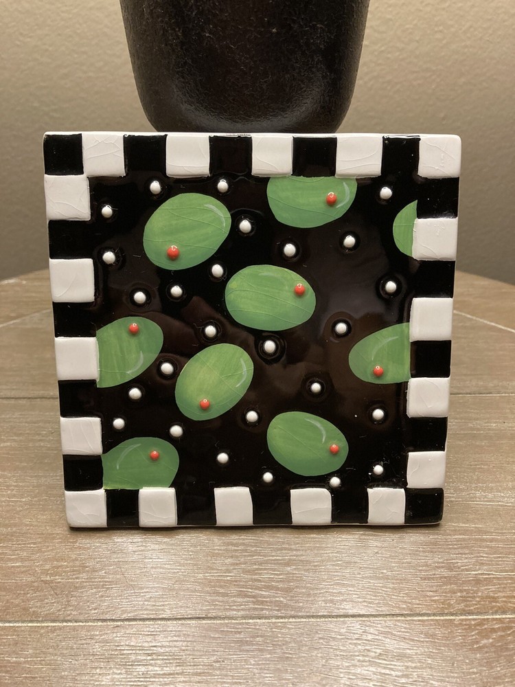 Single Blue Sky Olive Checkered Ceramic Trivet Kitchen Hot Plate Protector