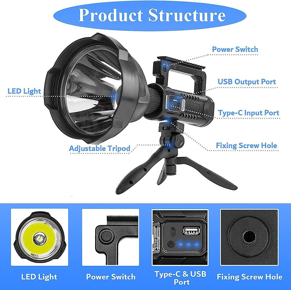 Super Bright LED Searchlight Portable Rechargeable Spotlight Handheld Flashlight