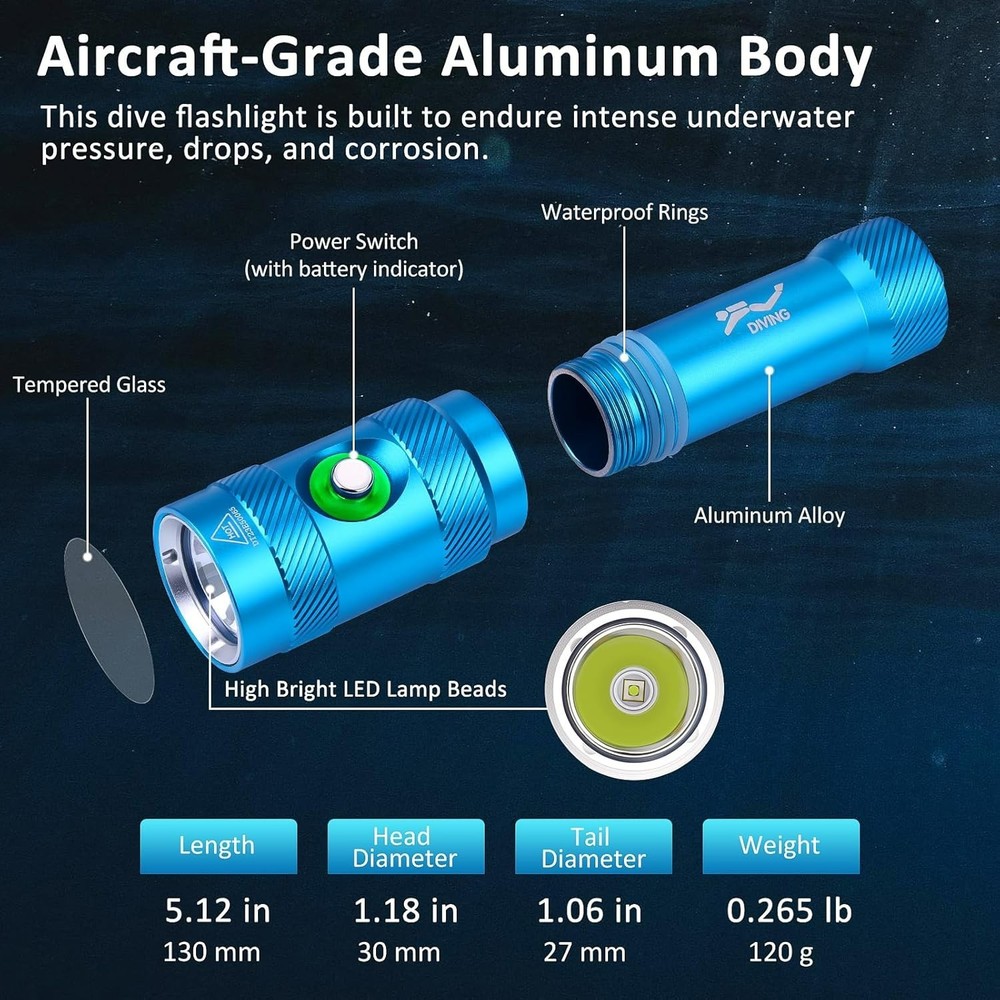 Scuba Diving Light – Super Bright Diving Flashlight with 3 Modes & Power