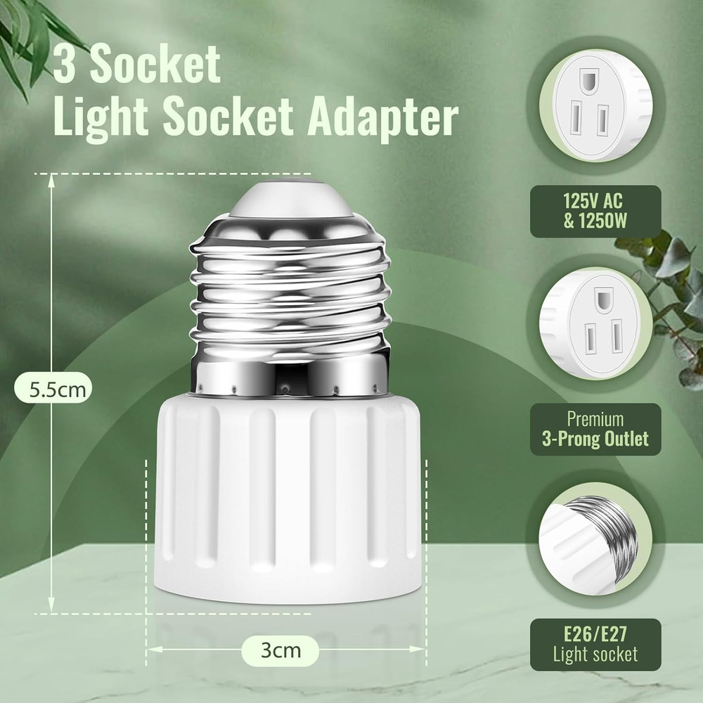 (2 Packs) 3 Prong Light Socket to Plug Adapter, E26 E27 Light Socket Outlet Adap