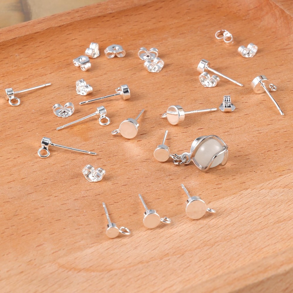 12Pcs Flat Sterling Silver Post with Earring Hook, 3/4/5mm Ear Studs with Loo...