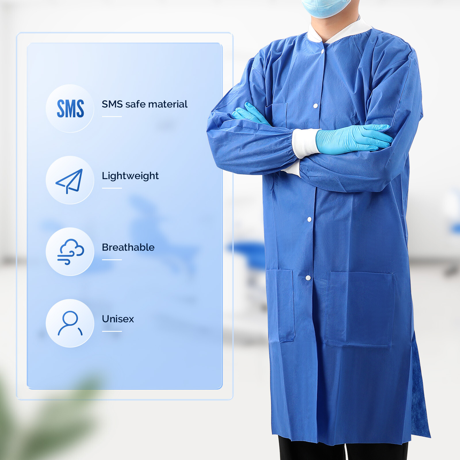 JMU Medical SMS Lab Coats for Adult Disposable Knee Length Lab Jacket 3 Pockets