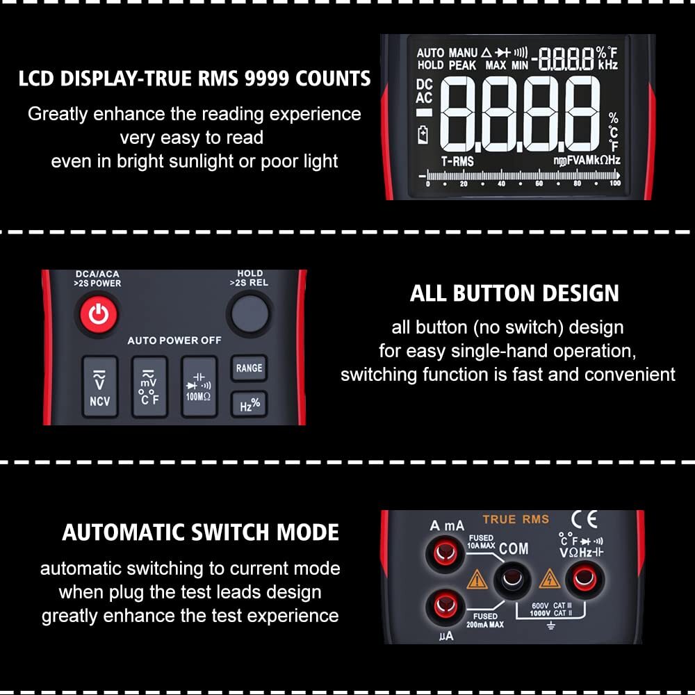 True RMS Digital Multimeter 3-Line Display 9999 AC DC Voltmeter Automatic Tester