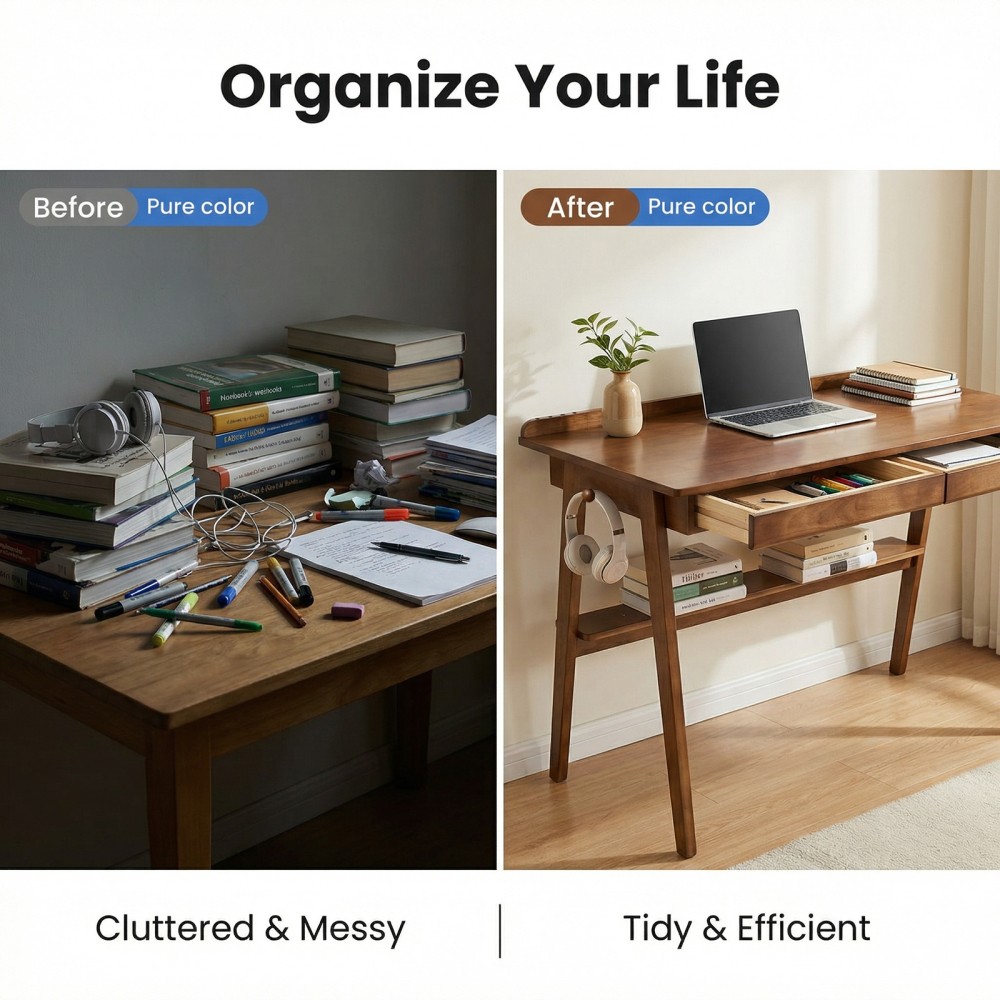 Solid Wood Writing Desk, Mid-Century Modern with 2 Drawers & Shelf