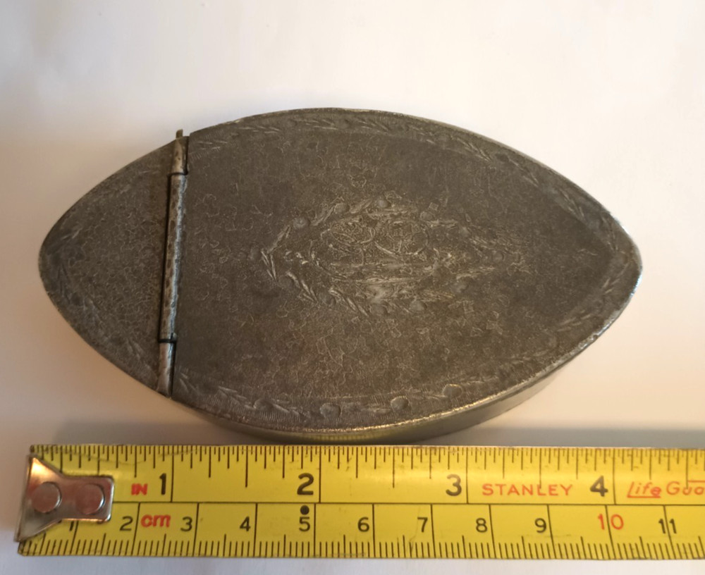 Antique Pewter Snuff Box Hinged Monogram Etched Decorated